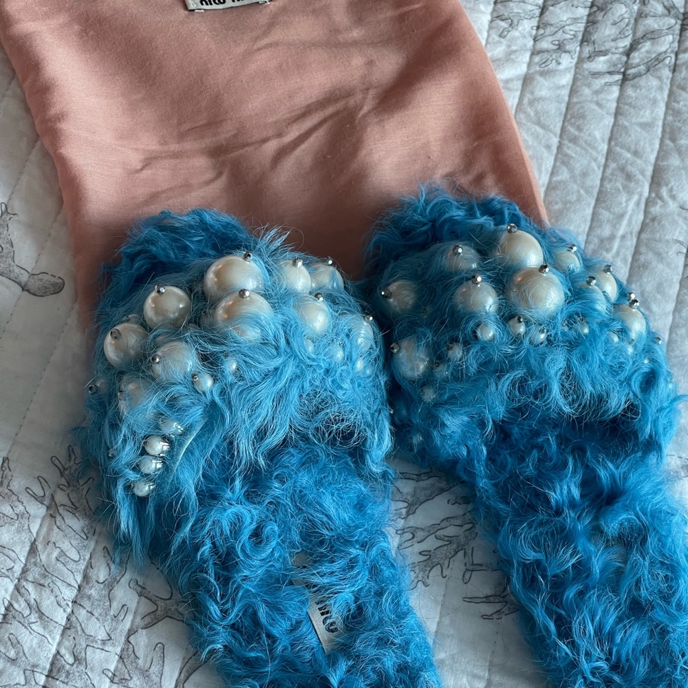 Miu Miu Blue Furry Pearl Embellished Slippers